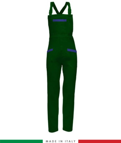 Two tone dungarees. Possibility of personalized production. Made in Italy. Multipockets. Color: bottle green/royal blue
