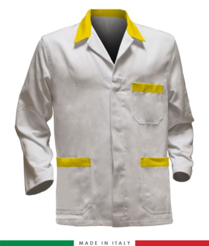 white work jacket with yellow inserts, polyester fabric and cotton