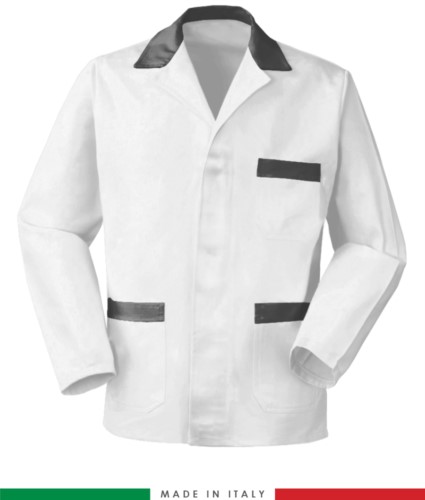 white work jacket with grey inserts, polyester fabric and cotton