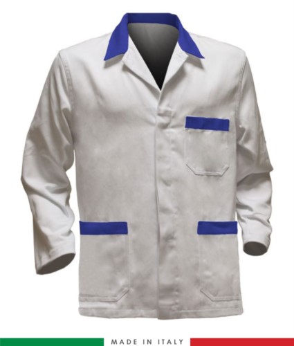 white work jacket with light blue inserts, polyester fabric and cotton