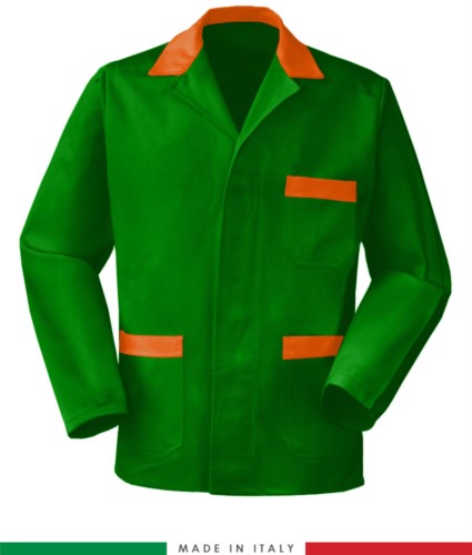 green work jacket with orange inserts, polyester and cotton fabric