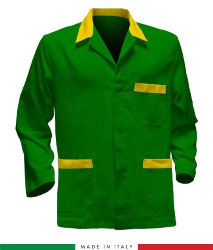 green work jacket with yellow inserts, polyester and cotton fabric
