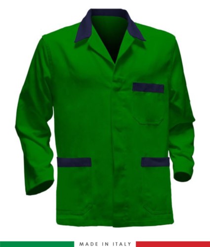 green work jacket with blue inserts, polyester and cotton fabric