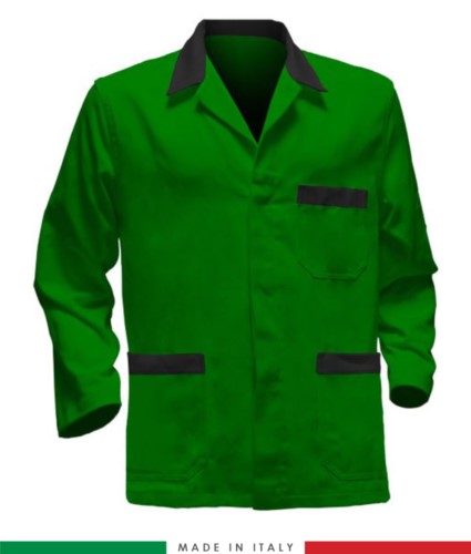 green work jacket with black inserts, polyester and cotton fabric