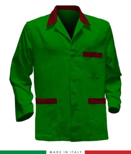 green work jacket with red inserts, polyester and cotton fabric
