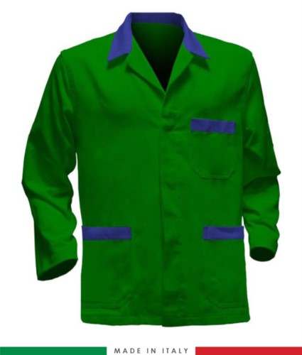 green work jacket with royal blue inserts, polyester and cotton fabric