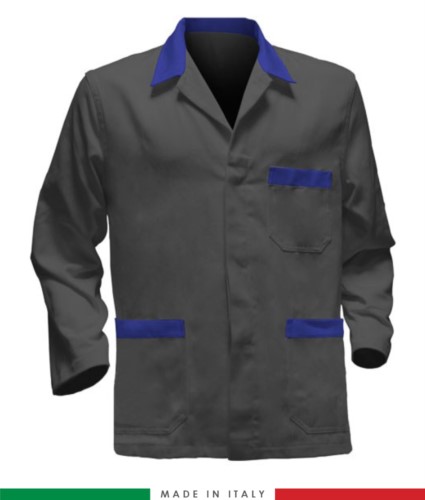 grey / royal blue work jacket, made in Italy, 100% cotton massaua with two pockets
