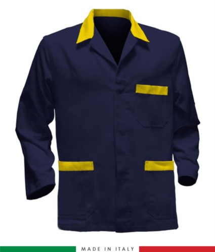 blue work jacket with yellow inserts, polyester fabric and cotton