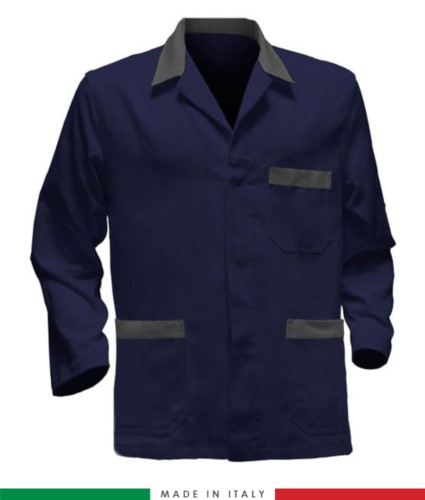blue work jacket with grey inserts, polyester fabric and cotton