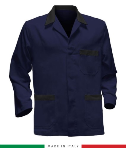 blue work jacket with black inserts, polyester fabric and cotton