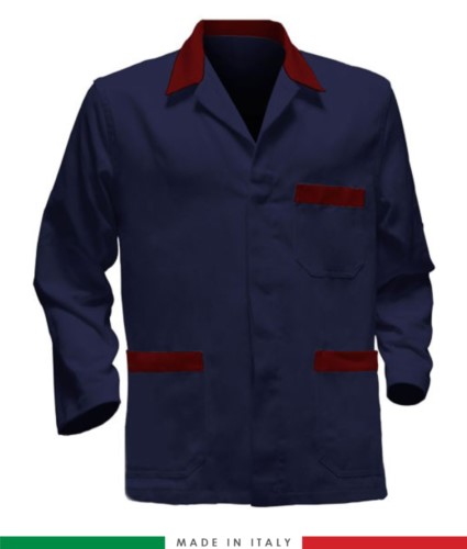 blue work jacket with red inserts, polyester fabric and cotton