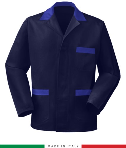 blue work jacket with royal blue inserts, polyester fabric and cotton