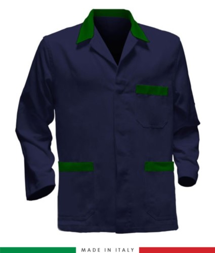 blue work jacket with green inserts, polyester fabric and cotton