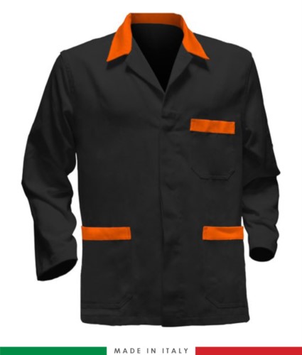 black work jacket with orange inserts, polyester fabric and cotton
