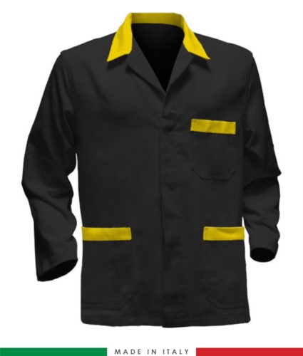 black work jacket with yellow inserts, polyester fabric and cotton