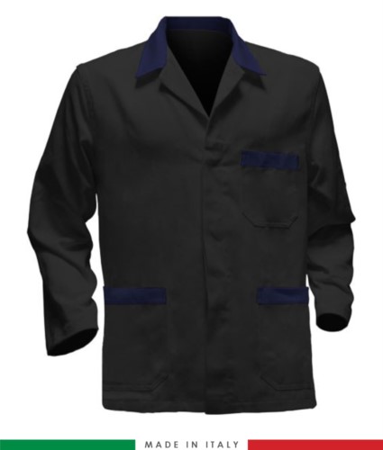 black work jacket with blue inserts, polyester fabric and cotton