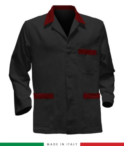 black work jacket with red inserts, polyester fabric and cotton