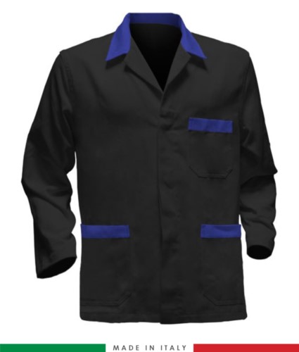 black work jacket with Royal Blue inserts, polyester fabric and cotton