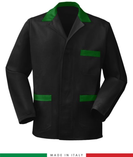 black work jacket with green inserts, polyester fabric and cotton