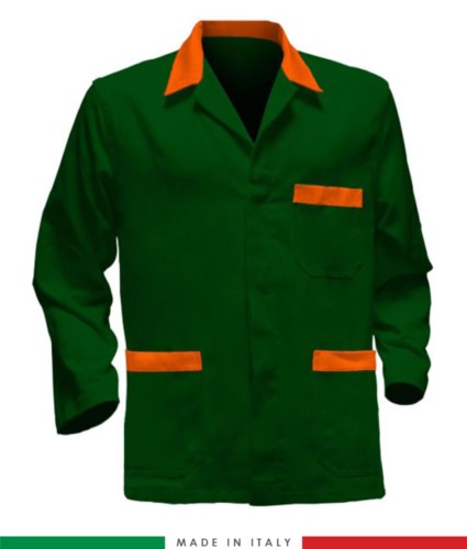 green work jacket with orange inserts made in Italy, 100% cotton massaua and two pockets

