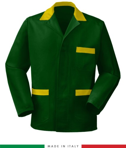 green work jacket with yellow inserts made in Italy, 100% cotton massaua and two pockets