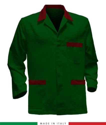green work jacket with red inserts made in Italy, 100% cotton massaua and two pockets