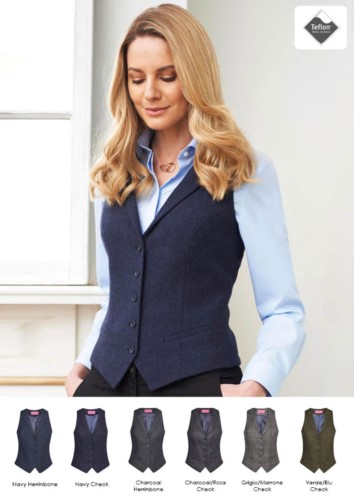 Women's vest with four button closure and two slanted pockets. Teflon stain-resistant fabric.