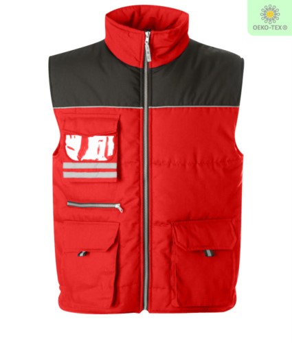Multi pocket work vest, two tone padded fabric, polyester and cotton. Color: red and black 