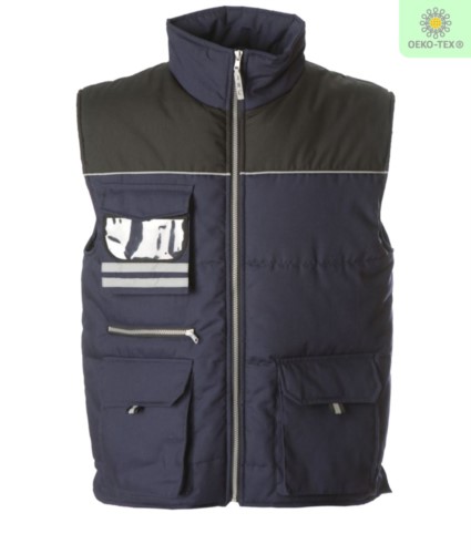 Multi pocket work vest, two tone padded fabric, polyester and cotton. Color: Blue and black 