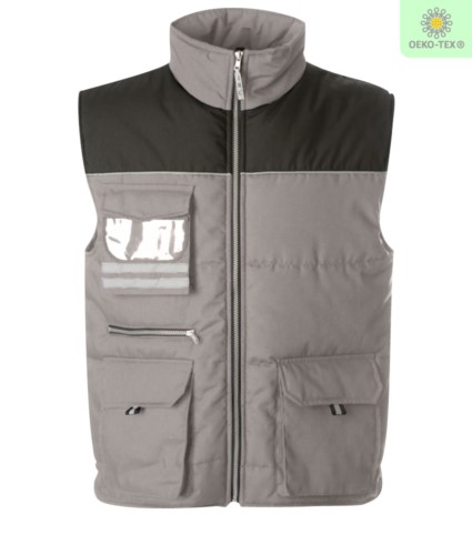 Multi pocket work vest, two tone padded fabric, polyester and cotton. Color: grey and black 