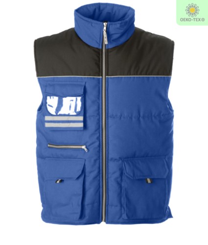 Multi pocket work vest, two tone padded fabric, polyester and cotton. Color: royal blue and black 