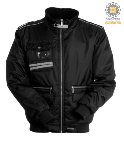 Multi pocket waterproof nylon jacket, foldable hood, piping on the shoulders and two reflective bands on the pocket with badge holder. Color black