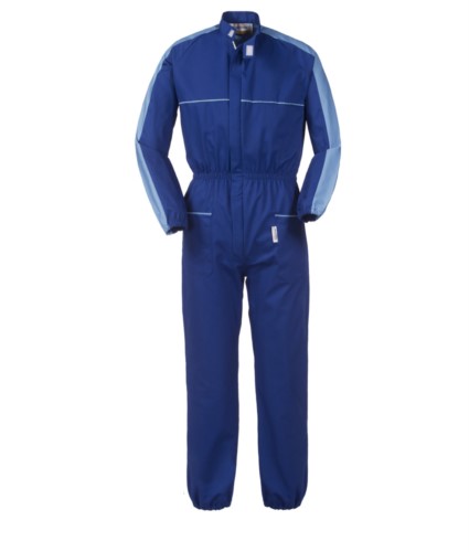 Two-tone full length workwear, with Korean collar, elasticated waist and colour inserts on shoulders and sleeves, multi-pocket, colour royal blue and light blue