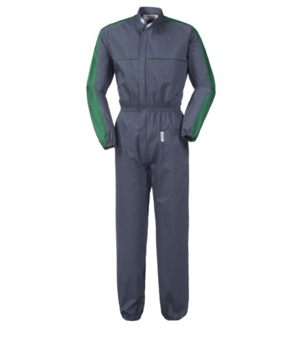 Two-tone full length workwear, with Korean collar, elasticated waist and colour inserts on shoulders and sleeves, multi-pocket, colour grey and green