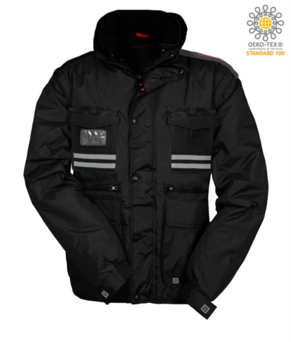 Women ripstop padded jacket, multi pocket with detachable sleeves and hood. One badge pocket, reflective bands on pockets and back. Colour: Black
