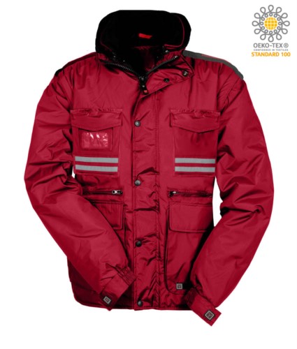 Women ripstop padded jacket, multi pocket with detachable sleeves and hood. One badge pocket, reflective bands on pockets and back. Colour: Red