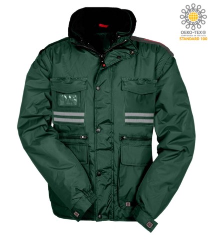 Women ripstop padded jacket, multi pocket with detachable sleeves and hood. One badge pocket, reflective bands on pockets and back. Colour: Green