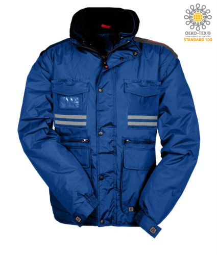 Women ripstop padded jacket, multi pocket with detachable sleeves and hood. One badge pocket, reflective bands on pockets and back. Colour: Royal Blue