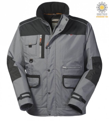 Padded multi pocket jacket in ripstop two-tone, removable hood, mobile phone pocket. Grey and black colour