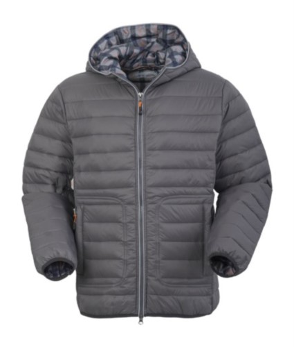 Padded nylon jacket, with double slider zipper and reflective profile; fixed hood, reflective insert under the hood. Colour: Grey