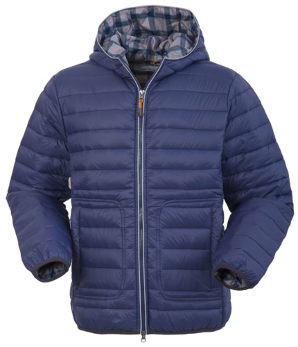 Padded nylon jacket, with double slider zipper and reflective profile; fixed hood, reflective insert under the hood. Colour: Navy blue