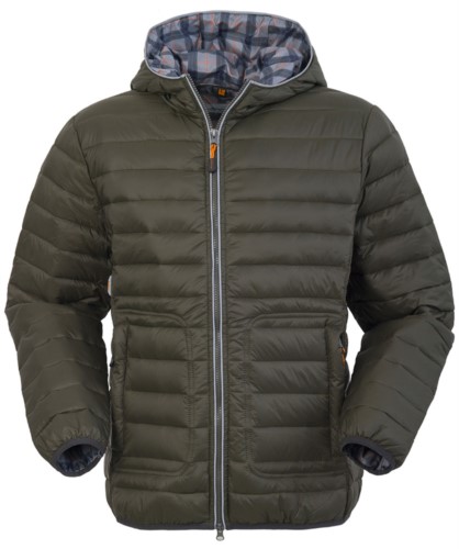 Padded nylon jacket, with double slider zipper and reflective profile; fixed hood, reflective insert under the hood. Colour: Green
