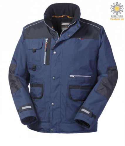 Padded multi pocket jacket in ripstop two-tone, removable hood, mobile phone pocket. Blue and black colour