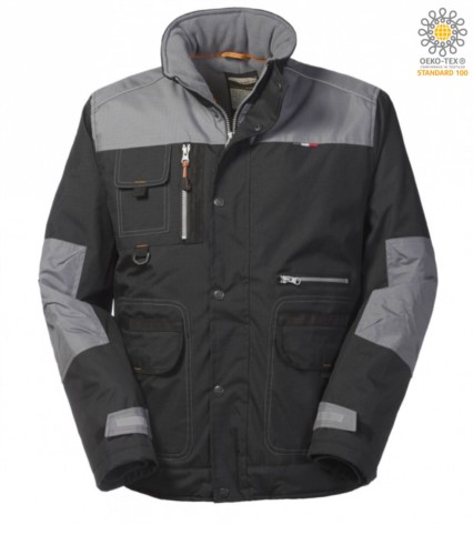 Padded multi pocket jacket in ripstop two-tone, removable hood, mobile phone pocket. Black and grey colour