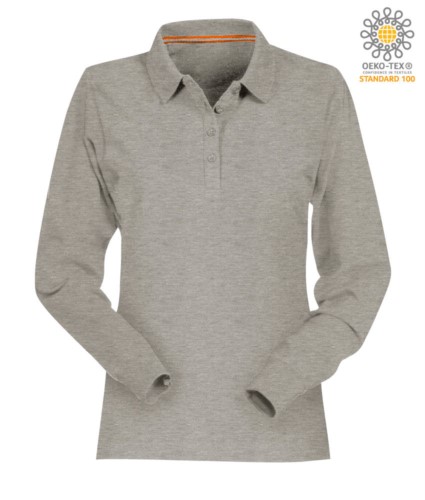 Women long sleeved cotton pique polo shirt in grey melange colour