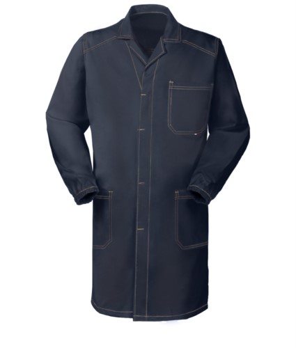 blue work coat with covered buttons and non-shrink cotton