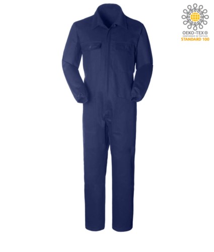 Overalls, multi-pocket shirt collar, zip closure covered, elastic at the wrists, color blue