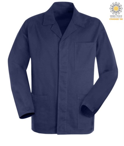blue moleskin work jacket with covered buttons