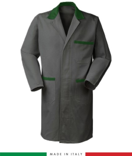 two-tone grey/green men work gown with covered buttons