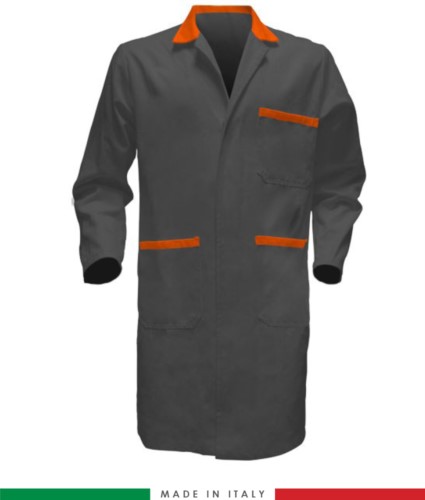 two-tone grey/orange men work gown with covered buttons